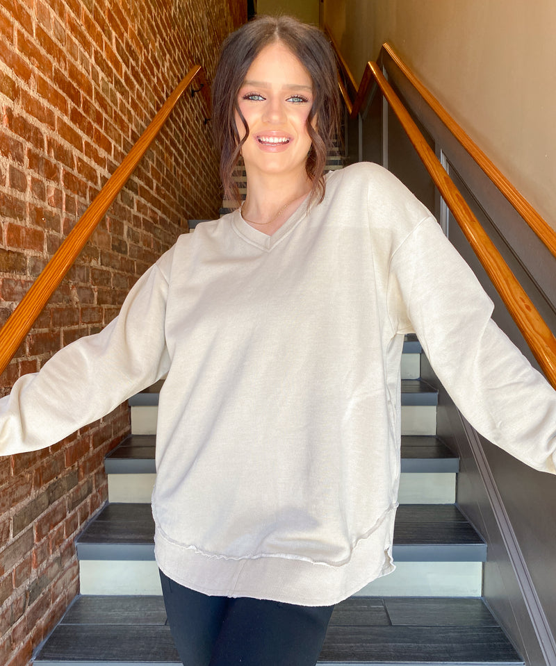 HARPER BEIGE V-NECK PULLOVER SWEATSHIRT WITH POCKETS-JadyK-Sissy Boutique