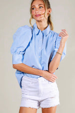 BLUE COLLARED NECKLINE PUFF SLEEVE STRIP PRINT BLOUSE TOP-Vine & Love