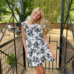 BLACK AND WHITE FLORAL PRINTED WOVEN EYELET MINI DRESS-FLYING TOMATO-Sissy Boutique