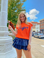 'TIGERS" ORANGE AND NAVY EMBROIDERED SLEEVELESS SWEATER TOP-Cloud Ten