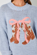 COWBOY BOOTS AND BOW BLUE KNIT LONG SLEEVE SWEATER-Baevely by Wellmade USA