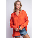 ORANGE BUTTON DOWN SILKY LONG SLEEVE TOP-L Love