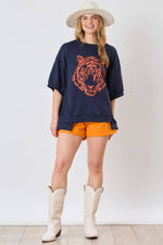 NAVY AND ORANGE AUBURN TIGER HEAD SEQUINS EMBROIDERY SHORT SLEEVE TOP-Fantastic Fawn