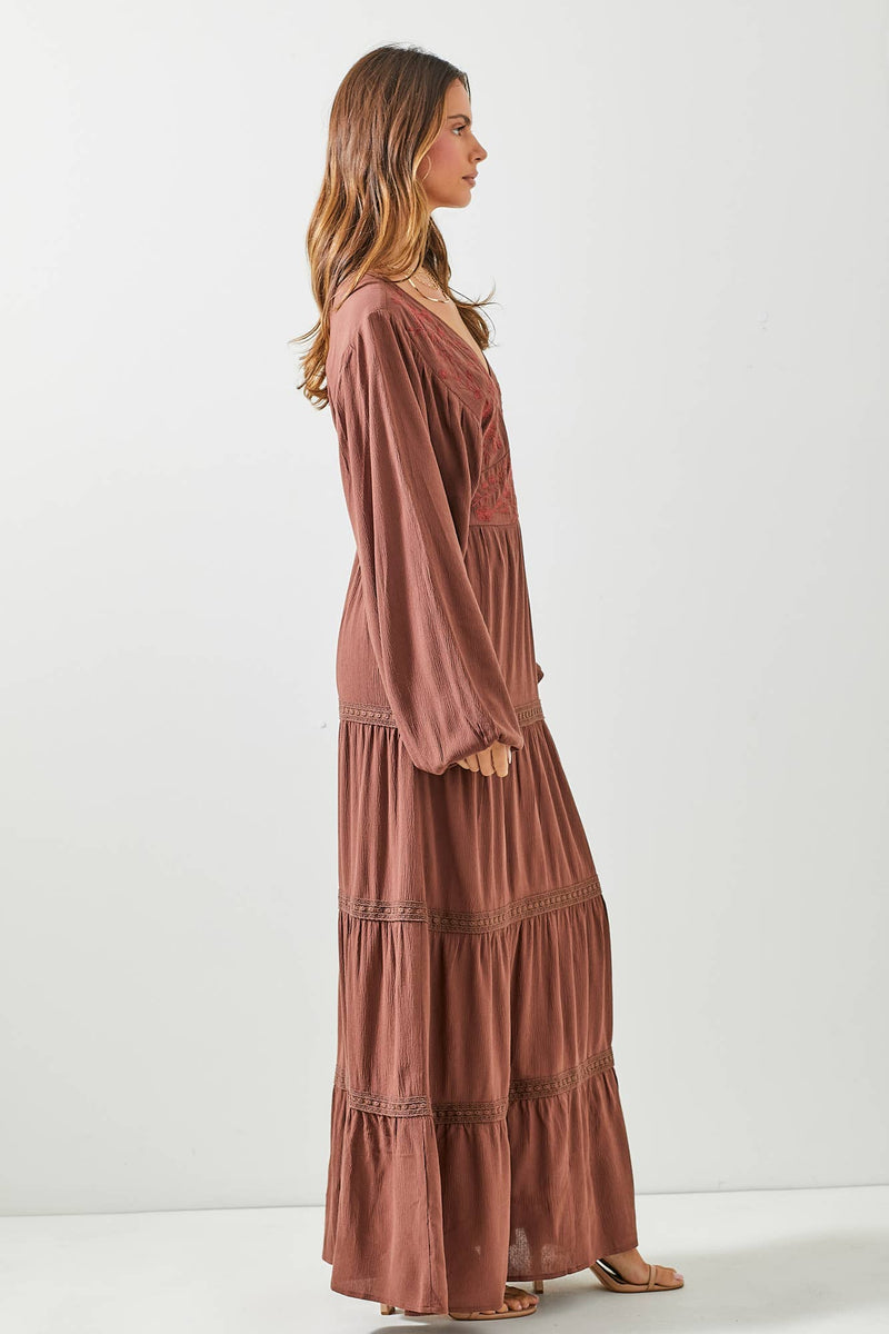 BROWN EMBROIDERED V-NECK MAXI DRESS-Baevely by Wellmade USA