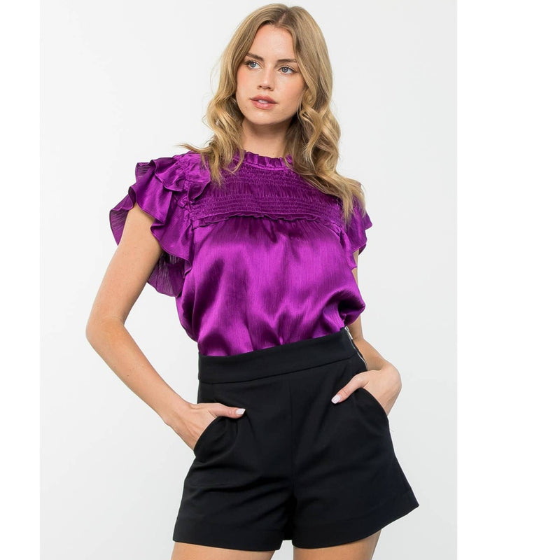 PURPLE SATIN FLUTTER SLEEVE TEXTURED TOP-THML