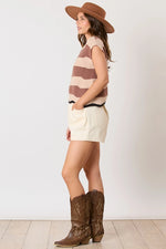 BROWN AND TAUPE VISCOSE STRIPE CONTRAST SCALLOP HEM LINE SWEATER VEST-Peach Love California