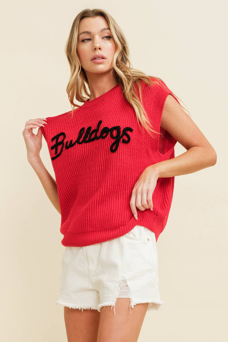 CSW10210 - 'BULLDOGS" EMBROIDERED SLEEVELESS SWEATER TOP: RED / S-Cloud Ten