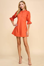 ORANGE PLEATED DETAIL WAIST TIE SHIFT MINI DRESS-TCEC