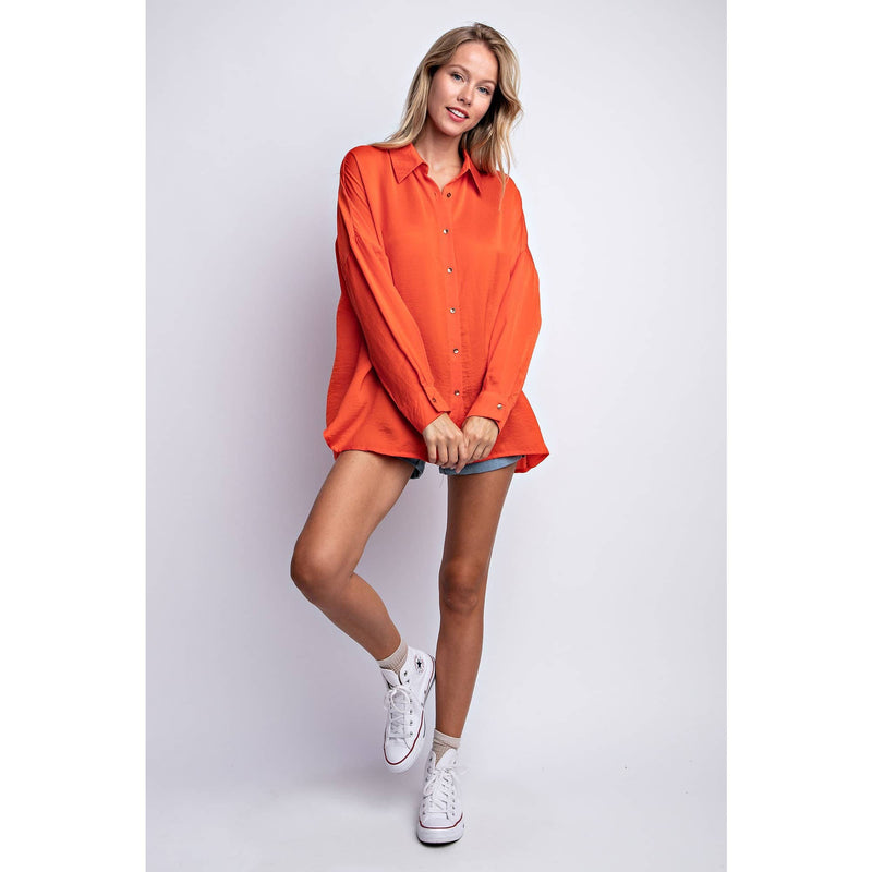 ORANGE BUTTON DOWN SILKY LONG SLEEVE TOP-L Love