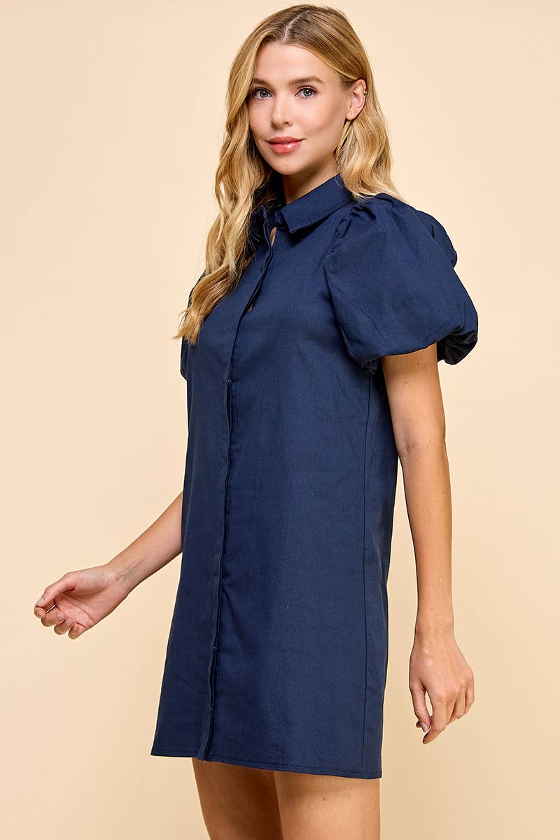 NAVY COLARED PUFF SLEEVE BUTTON DOWN SHIFT DRESS-TCEC