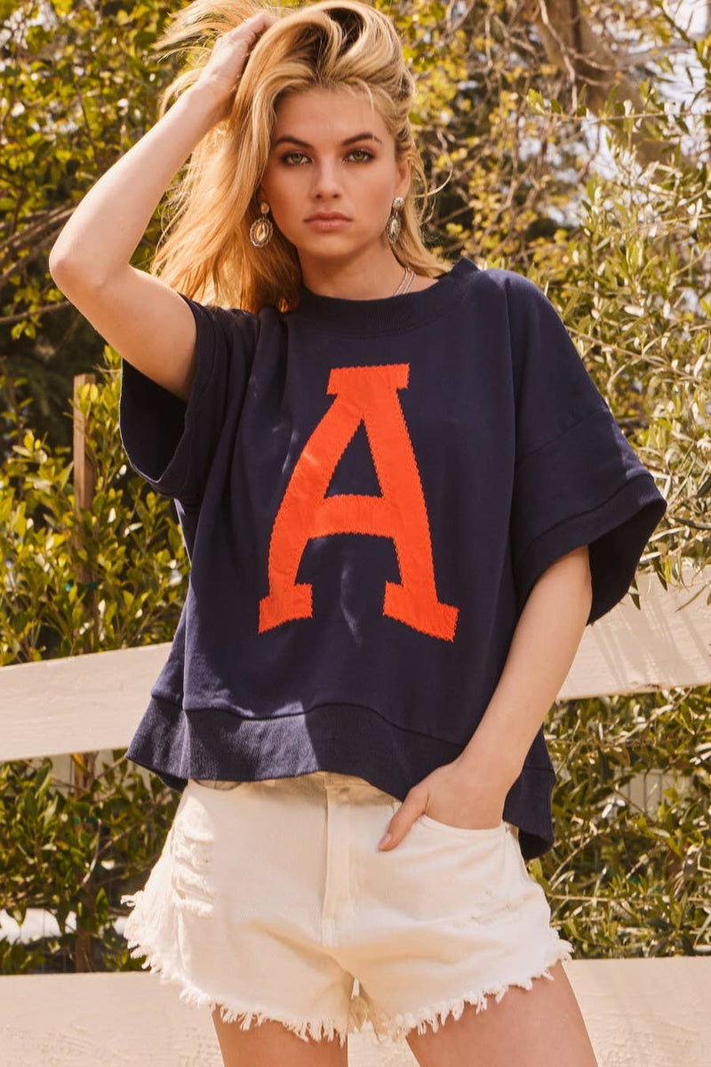 'A' LOGO ORANGE AND NAVY AUBURN OVERSIZED SHORT SLEEVE PULLOVER-Oddi