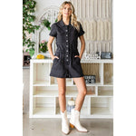 ELASTIC WAIST BAND DENIM ROMPER: BLACK WASH / S-Veveret