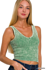 SAND BEIGE WASHED RIB CROP V NECK TANK W/ REMOVABLE BRA-42POPS