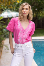 PINK EMBROIDERED BUBBLE SLEEVE TOP-VOY