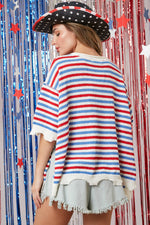 RED, BLUE, WHITE RAW EDGE STRIPED SWEATER-Peach Love California