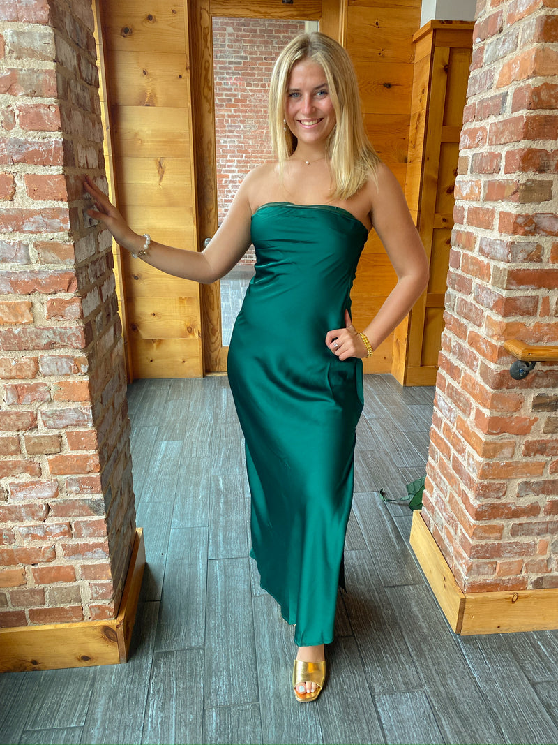 GREEN STRAPLESS SATIN BIAS CUT MAXI DRESS-Dress Forum-Sissy Boutique