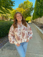 BROWN AND CHAMPAGNE FLORAL BOMBER PUFF JACKET-&merci