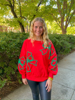 CHRISTMAS GREEN BOW OVERSIZED RED SWEATSHIRT-Sissy Boutique-Sissy Boutique