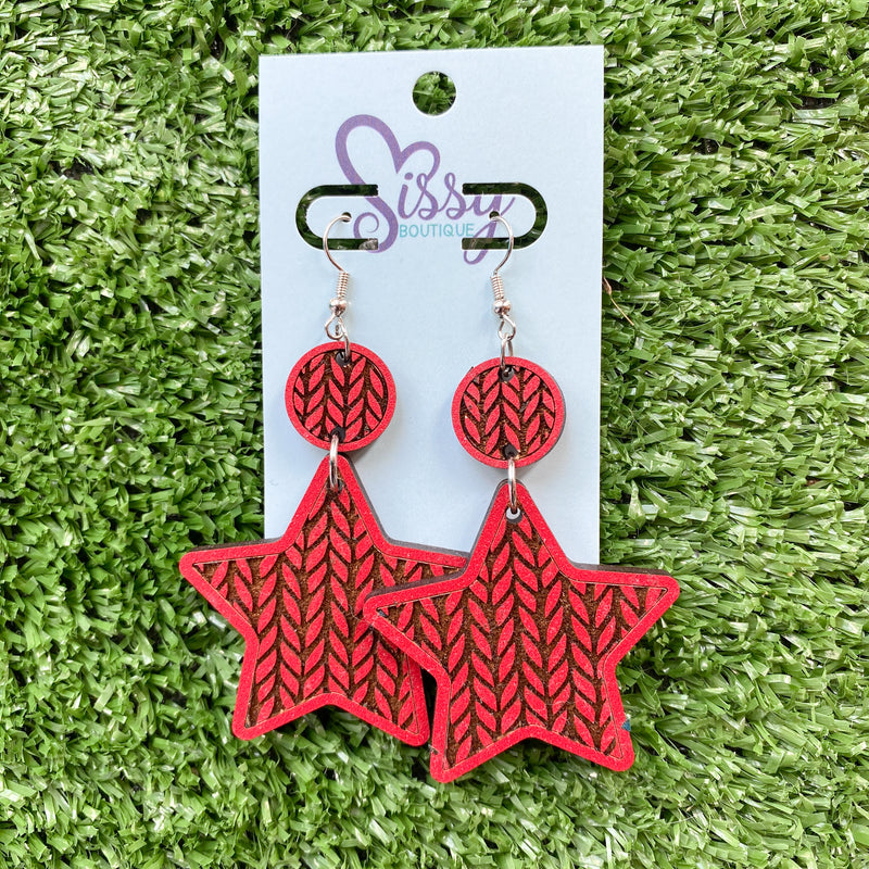 RED SWEATER KNIT WOODEN STAR EARRINGS-Sissy Boutique