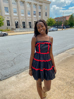 BLACK AND RED RICRAC TIERED DRESS-Sissy Boutique