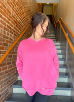 HARPER PINK V-NECK PULLOVER SWEATSHIRT WITH POCKETS-JadyK-Sissy Boutique