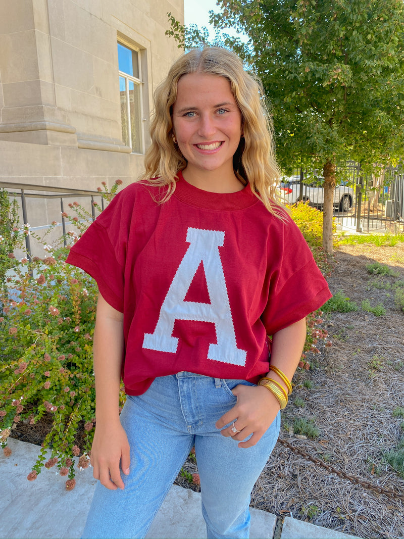 'A' LOGO DARK RED ALABAMA OVERSIZED SHORT SLEEVE PULLOVER-Oddi-Sissy Boutique