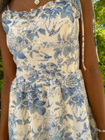 BLUE AND WHITE FLORAL PRINT TIE STRAP MINI DRESS-Sissy Boutique