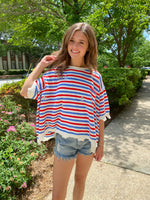 RED, BLUE, WHITE RAW EDGE STRIPED SWEATER-Peach Love California-Sissy Boutique