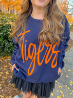 Jumbo Cursive Orange “Tigers” Puff Vinyl on Navy Sweatshirt-Sissy Boutique-Sissy Boutique