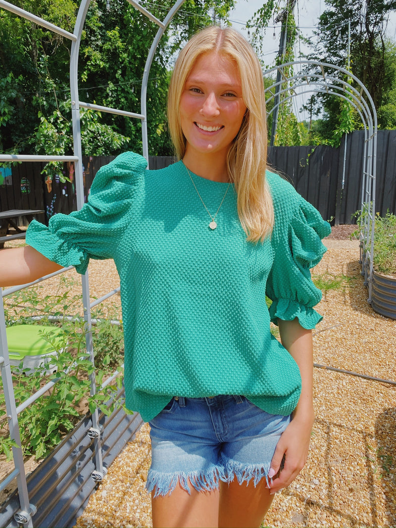 GREEN PLEATED PUFF SHORT SLEEVE TOP-Sissy Boutique