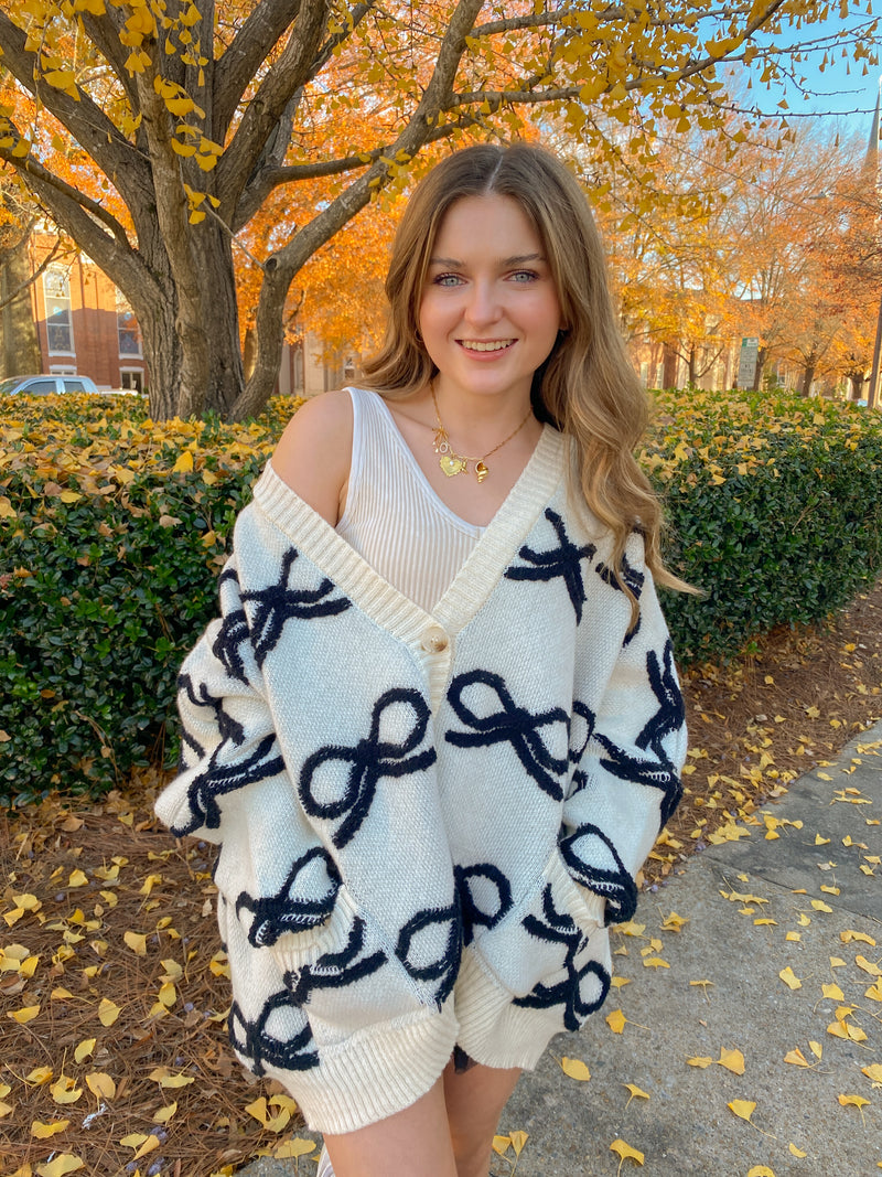 Oversized White Pullover Sweater Cardigan with Black Bows-BUCKETLIST-Sissy Boutique