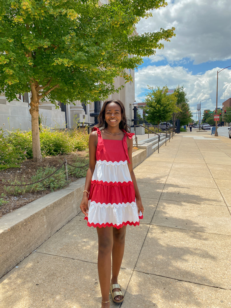 CRIMSON AND WHITE RICRAC SHOULDER TIE MINI DRESS-Sissy Boutique