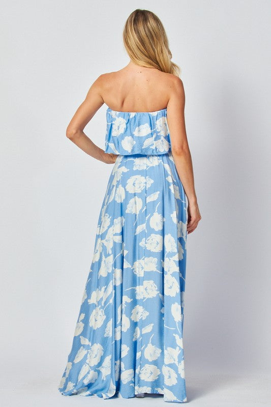 BLUE AND WHITE FLORAL PRINTED STRAPLESS MAXI DRESS-Sissy Boutique