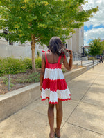 CRIMSON AND WHITE RICRAC SHOULDER TIE MINI DRESS-Sissy Boutique