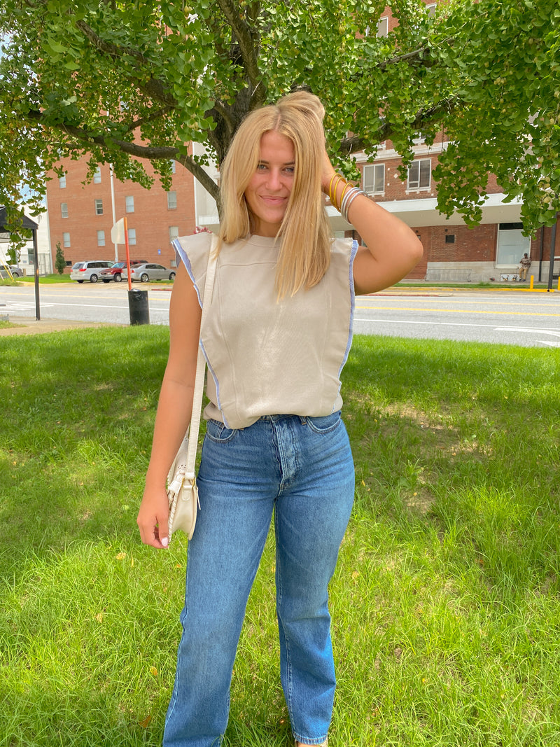 TAUPE SWEATER VEST WITH BLUE RUFFLE SLEEVE-Hailey&Co