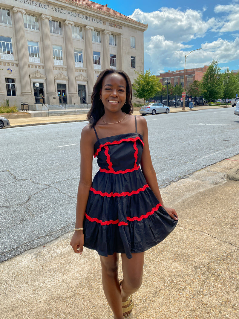 BLACK AND RED RICRAC TIERED DRESS-Sissy Boutique