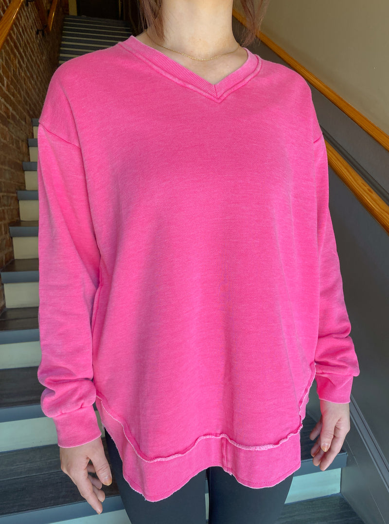 HARPER PINK V-NECK PULLOVER SWEATSHIRT WITH POCKETS-JadyK-Sissy Boutique