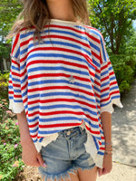 RED, BLUE, WHITE RAW EDGE STRIPED SWEATER-Peach Love California-Sissy Boutique