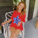 USA RED UNEVEN HEM TOP WITH BLUE & WHITE STAR SEQUINS DESIGN-Sissy Boutique