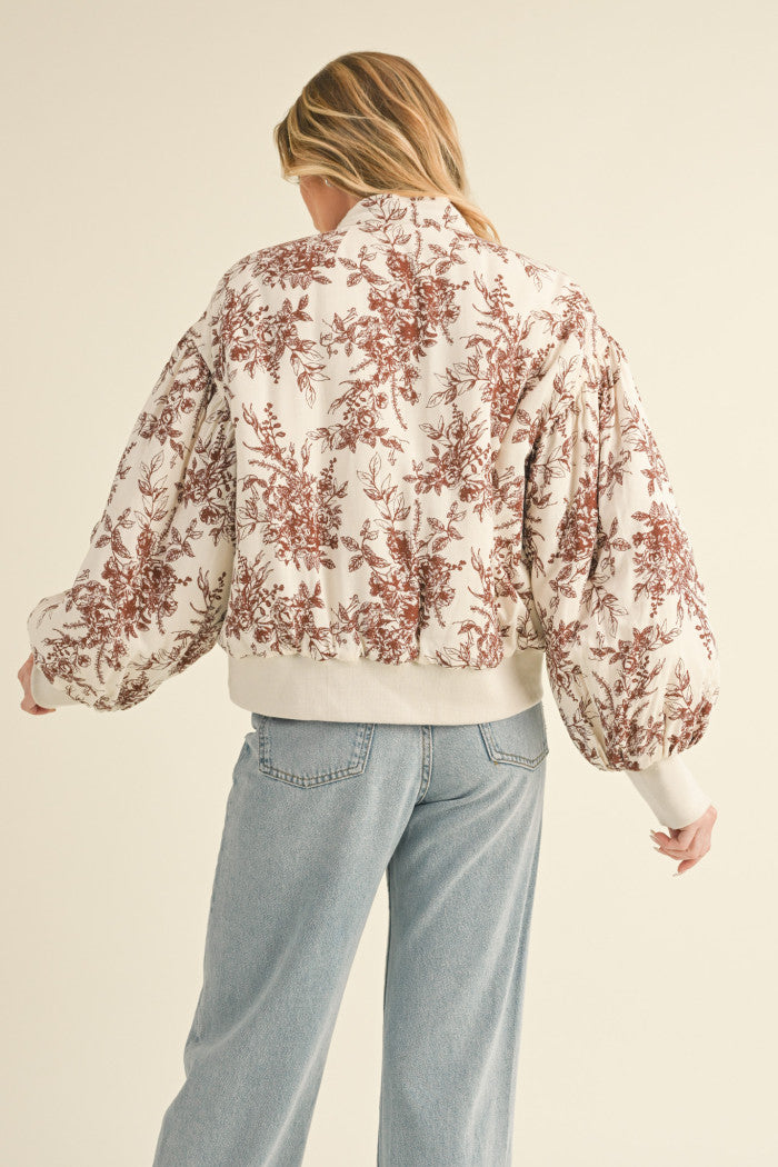 BROWN AND CHAMPAGNE FLORAL BOMBER PUFF JACKET-&merci