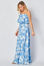 BLUE AND WHITE FLORAL PRINTED STRAPLESS MAXI DRESS-Sissy Boutique