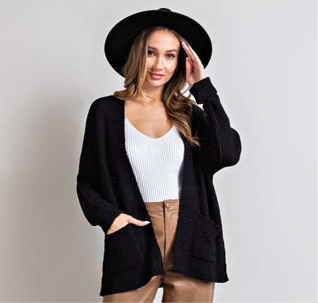 Black Slouchy Knit Cardigan with Front Pockets-Eesome-Sissy Boutique