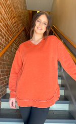 HARPER ORANGE V-NECK PULLOVER SWEATSHIRT WITH POCKETS-JadyK-Sissy Boutique