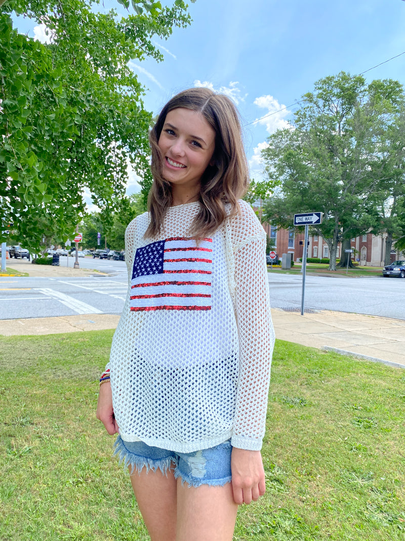 OFF-WHITE SEQUIN AMERICAN FLAG MESH LONG SLEEVE SWEATER-Bibi-Sissy Boutique