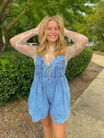 FRONT PLEATED MEDIUM WASH V NECK SLEEVELESS DENIM ROMPER-Veveret