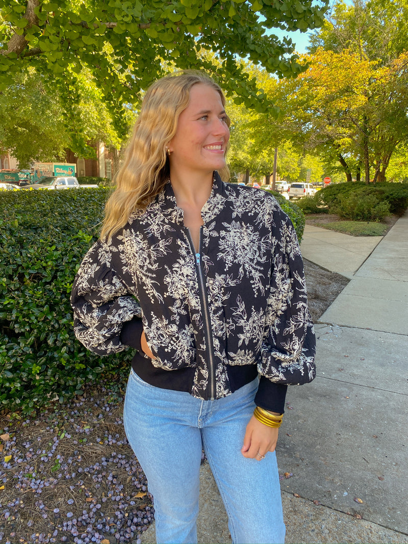 BLACK AND CREAM FLORAL BOMBER PUFF JACKET-&merci-Sissy Boutique