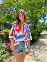 RED, BLUE, WHITE RAW EDGE STRIPED SWEATER-Peach Love California-Sissy Boutique