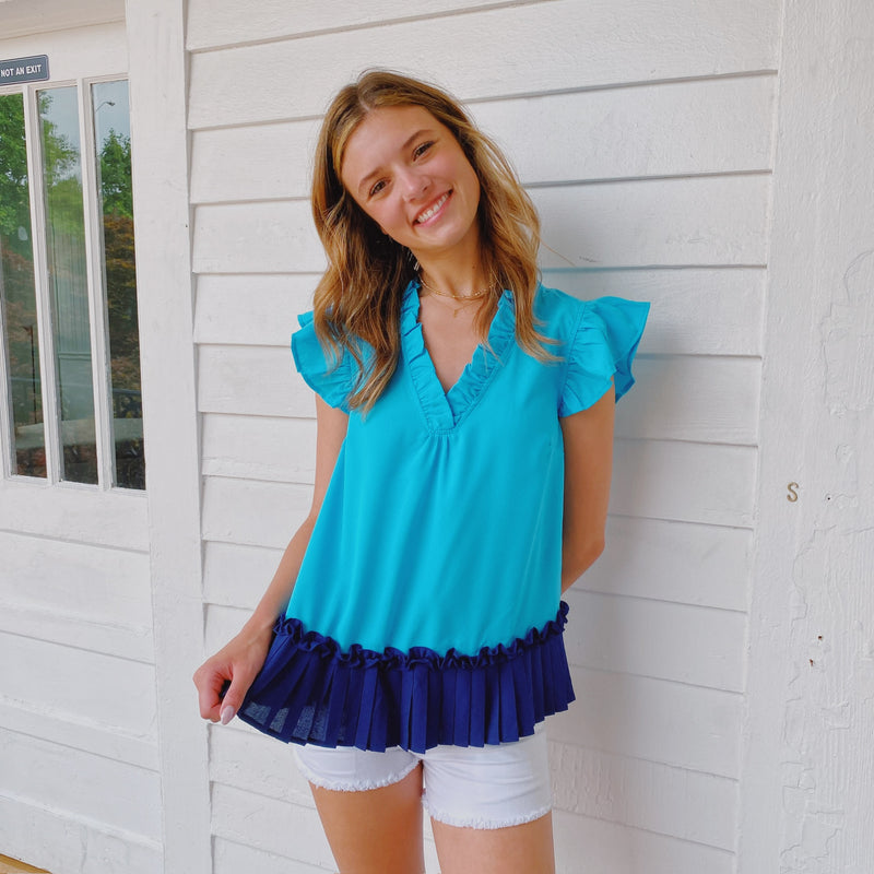 PLEATED CONTRAST BLUE HEM RUFFLE V NECK TOP-VOY