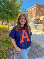 'A' LOGO ORANGE AND NAVY AUBURN OVERSIZED SHORT SLEEVE PULLOVER-Oddi-Sissy Boutique