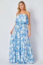 BLUE AND WHITE FLORAL PRINTED STRAPLESS MAXI DRESS-Sissy Boutique